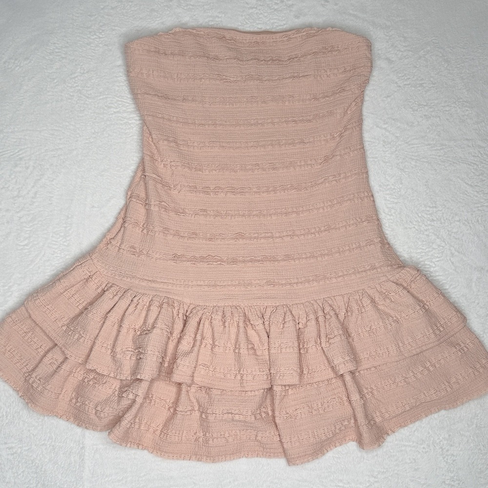 Lulus Blush Strapless Smocked Ruffle Mini Dress L NWT Tiered Coquette Boho Pink